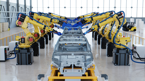  Robotic arms assembling a car frame in an automotive factory.