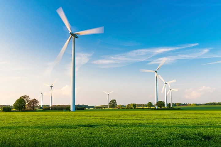 Windmill field with blue sky