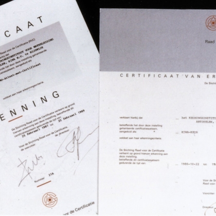 Two signed certificates of recognition from the board of accreditation