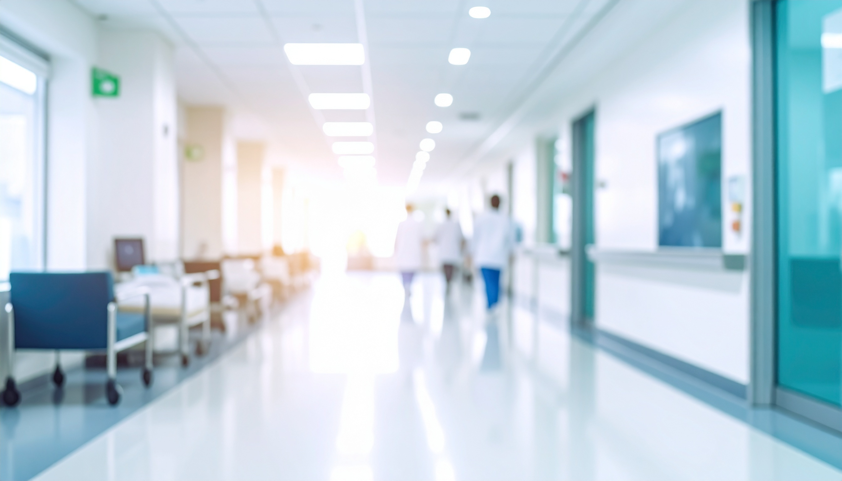 Blurred view of a modern hospital corridor with medical staff walking, featuring bright lighting and clean, polished floors