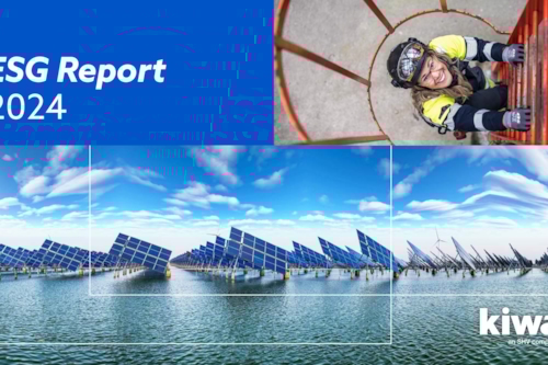 Kiwas ESG rapport för 2024 - rapportens framsida visar flera rader med solpaneler placerade över vatten.